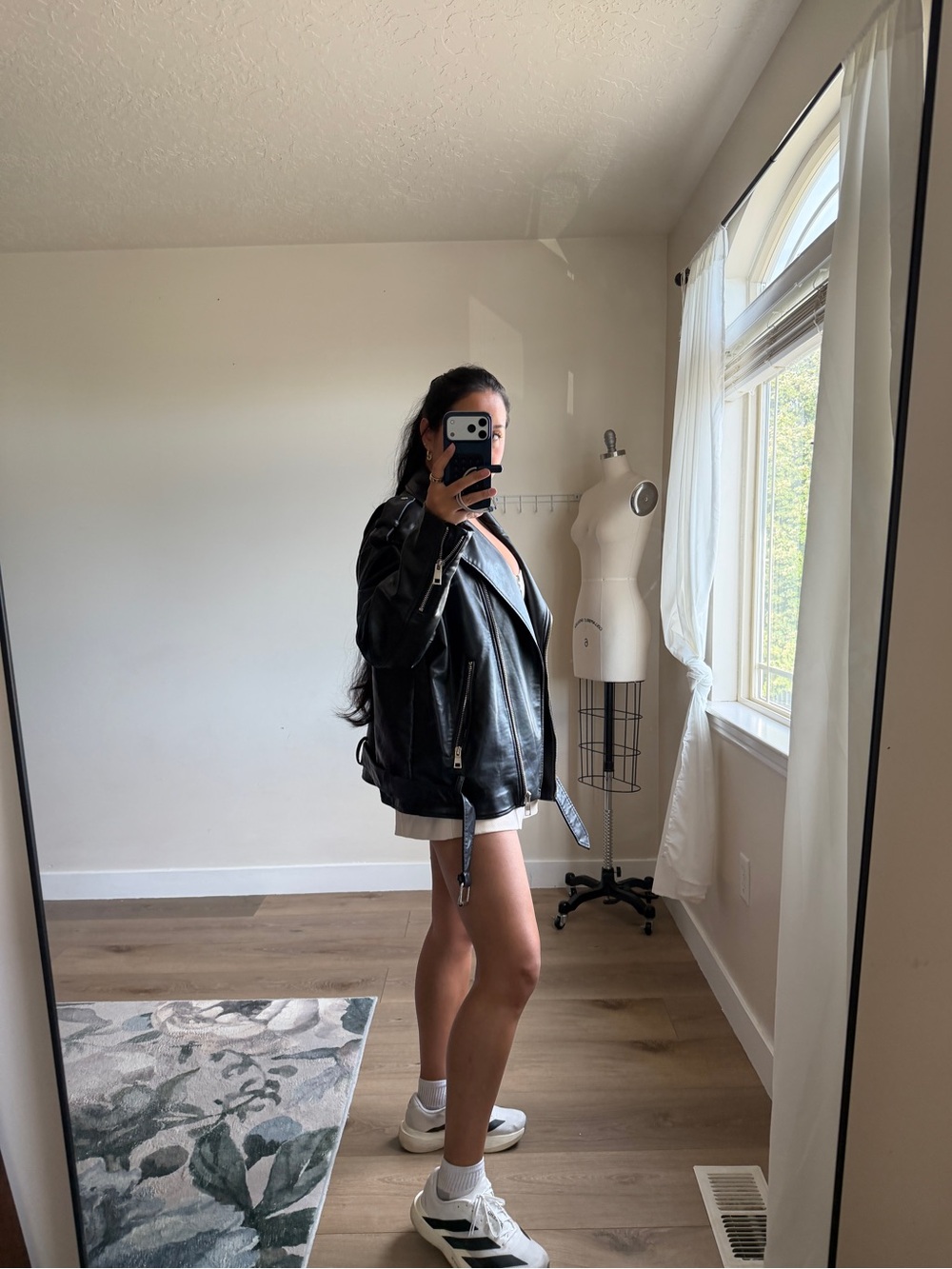 Zara Oversized Moto Jacket | Faux Leather Biker Coat | Black Size Large | Silver